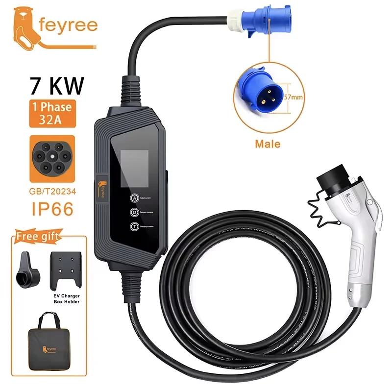 Feyree ev carregador portátil 7kw 32a 1 fase gbt carregador 5m cabo com plugue cee para veículo elétrico carregador de carro caixa de carregamento