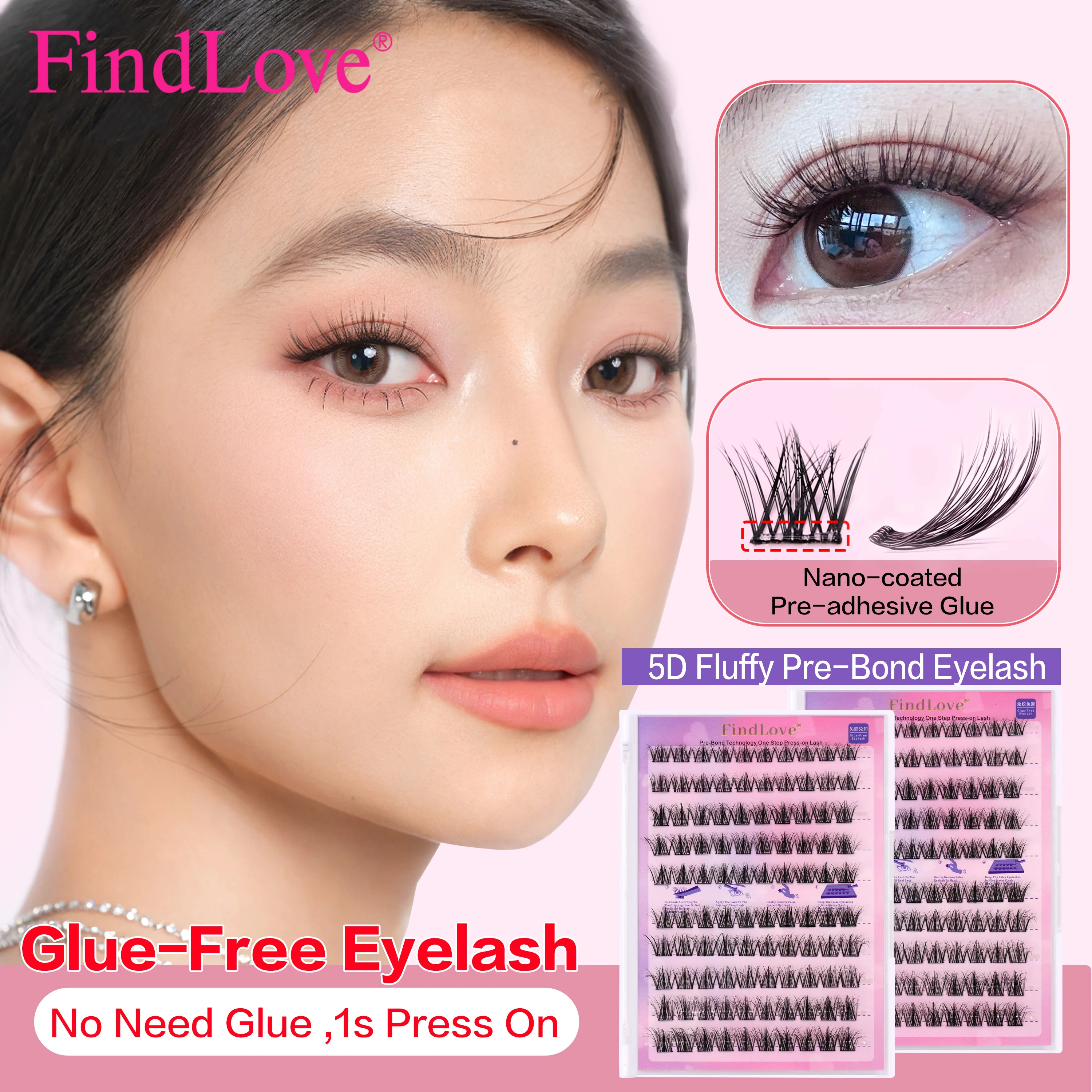 

50/100 Clusters FindLove 5D Fluffy Effect Gle Free Pre Bond Eyelash Extension Natural And Long Style 0.05mm C Curl Reuse 3times