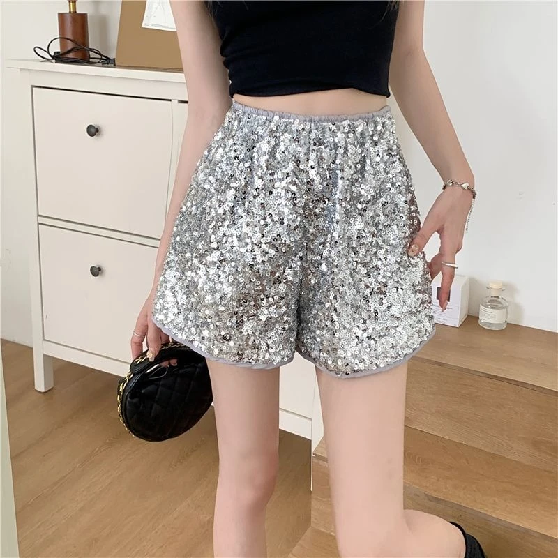 

2026 Summer Women Sequin Pocket Shorts High Waist Loose Wide Leg A Line Elastic Waist Trousers Slimming
