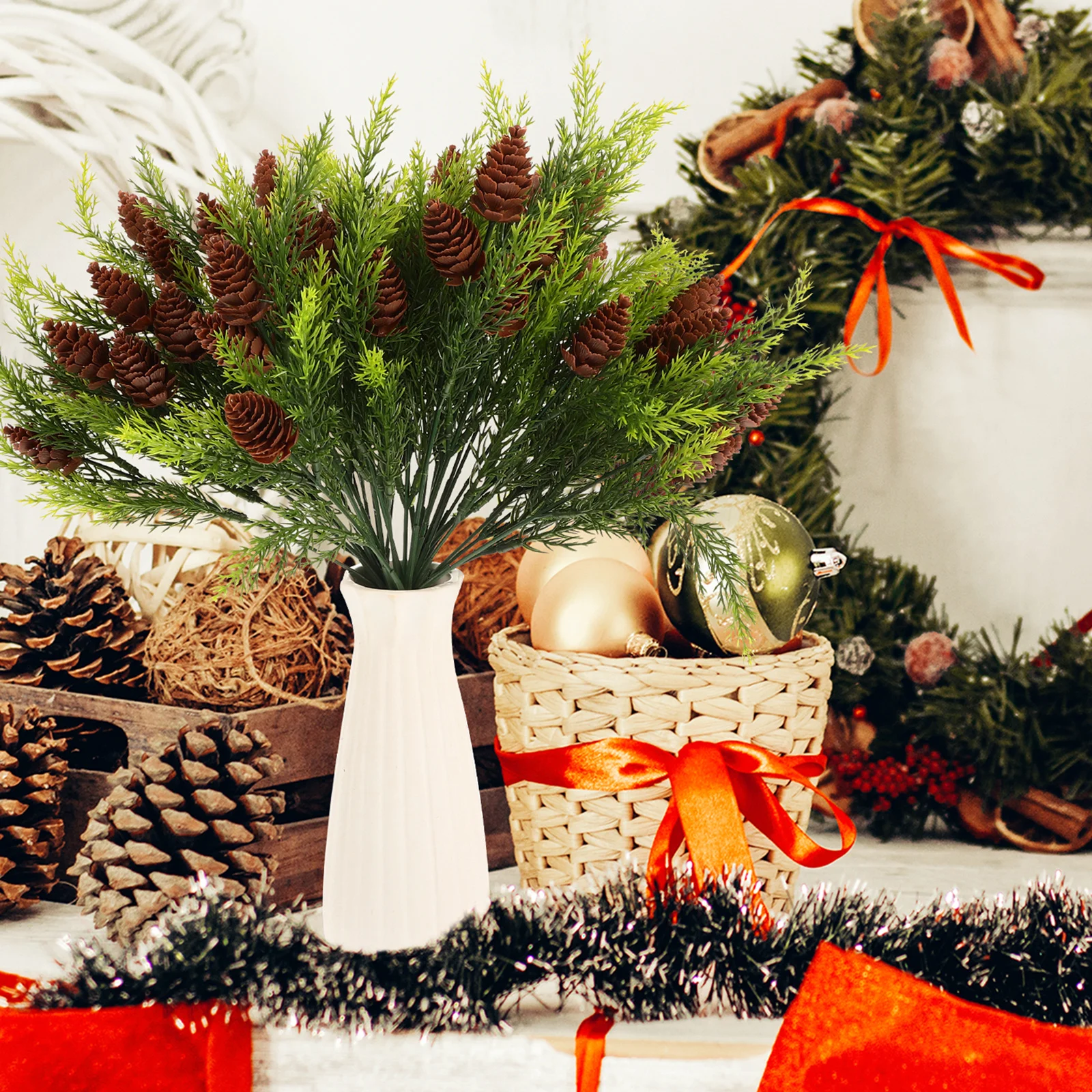 

5Pcs Simulated Pine Branches Pine Cone Artificial Leaves Decoration Christmas Tree Accessories Holiday Party Adornment Home