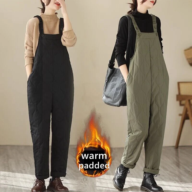 Winter Women's One Piece Cotton Strap Pants Loose Casual Solid Color Quilted Warm Sleeveless Suspenders Trousers Harem Jumpsuit