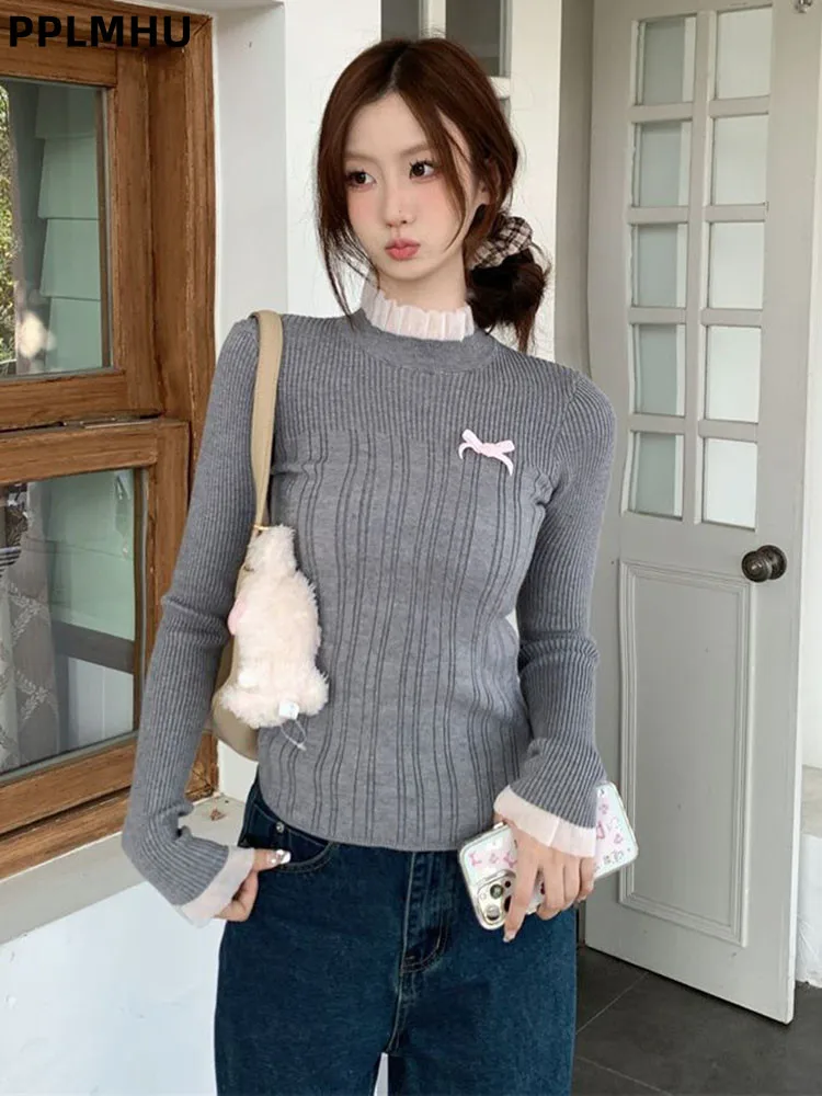 

Кружевной свитер с полувысоким воротником, женский повседневный мешковатый трикотаж, пуловеры с бантом Sueter, модные лоскутные джемперы с дном