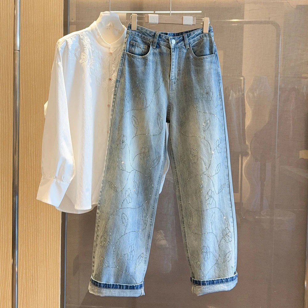 

Trendy Floral Diamond Jeans for Women Spring Autumn High Waist Casual Straight Loose Denim Pants Female Shiny Rivet Blue Jeans