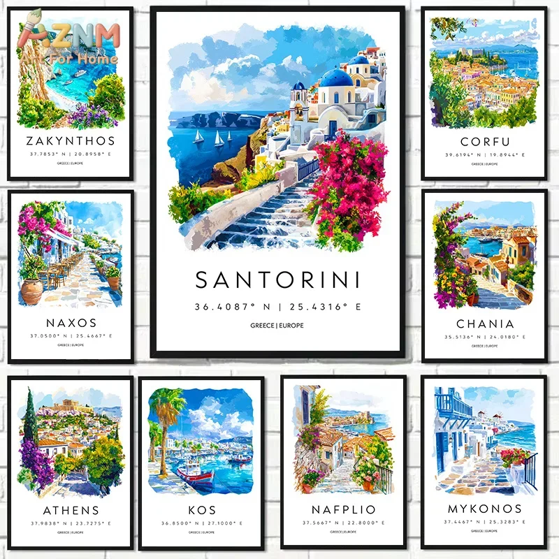 1PCS frameless  Greece Island Travel Canvas Print Santorini Mykonos Athens Coastal Town Blue Dome Sea Watercolor Scenery Wall Po