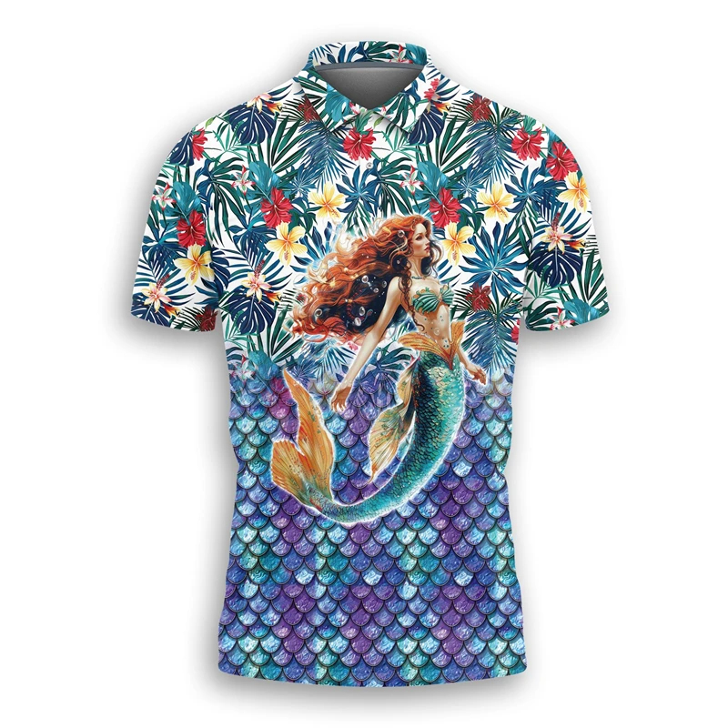 Fashion Mermaid Graphic Polo Shirt Summer Funny 3D Scales Printed Short Sleeve Polo Shirts Mens Kids Loose Breathable Tees Tops