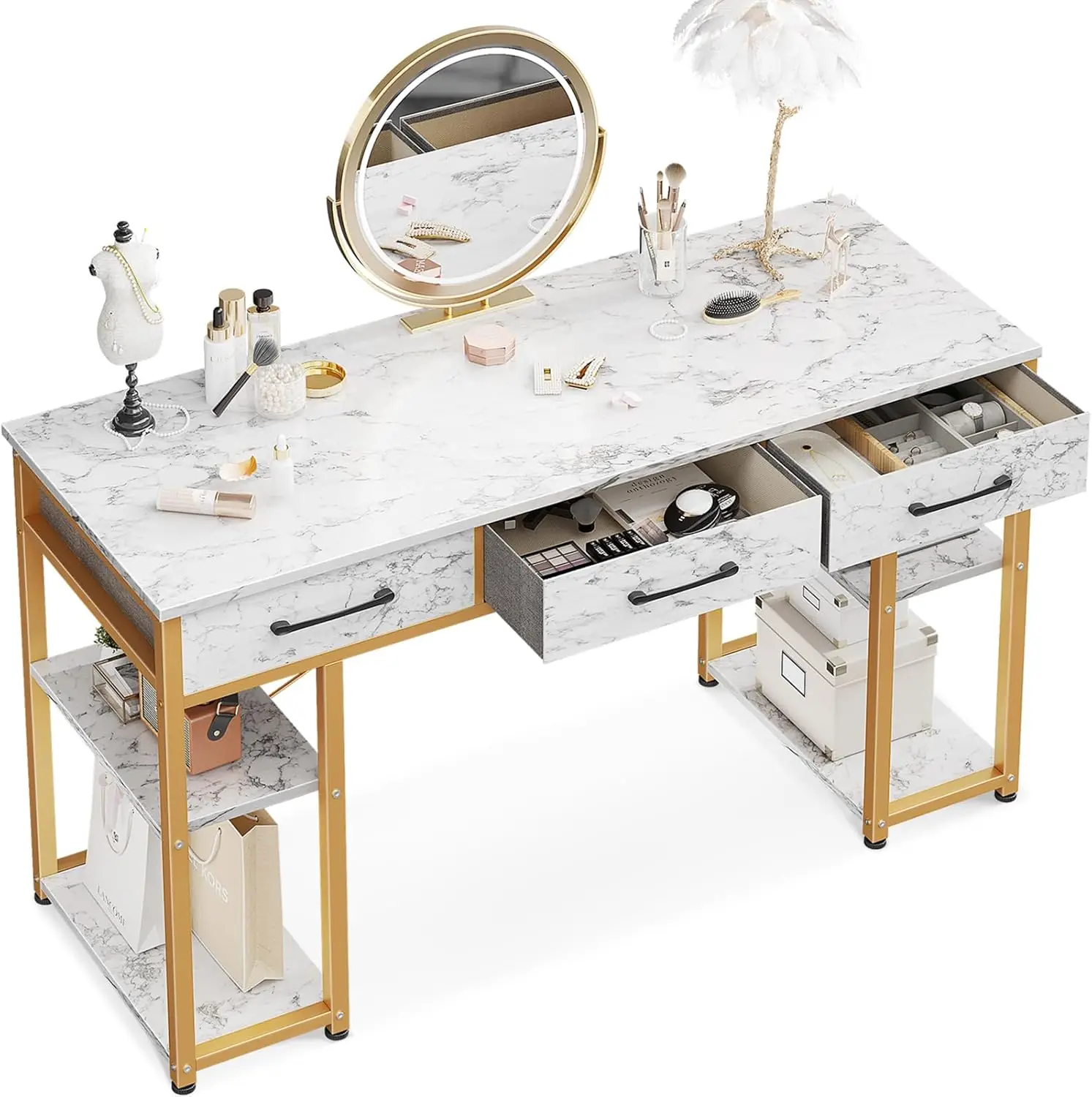

Vanity Desk with 3 Fabric Drawers & Storage Shelves, Makeup Dressing Table, Home Office Desks for Bedroom, Small Modern Writing