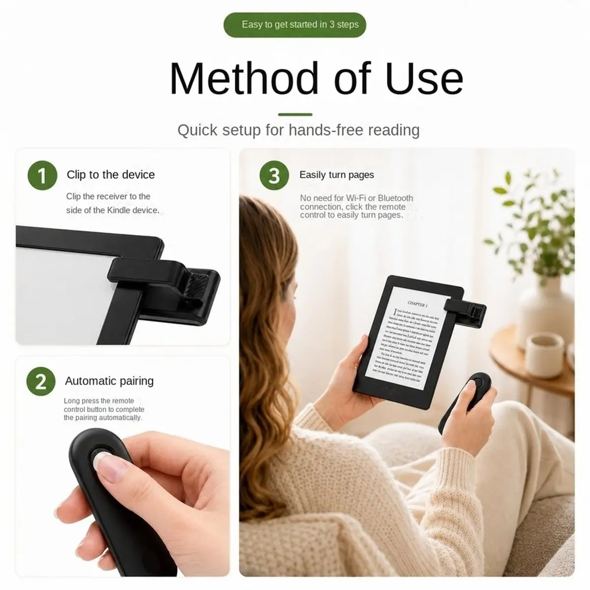 Clip-on Bluetooth Page Turner Wireless Remote Controller Auto-Pair E-Book Reading Artifact for E-Reader Phone Tablet