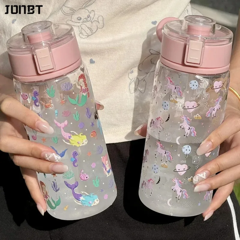 

600ML Unicorn & Mermaid Print Plastic Water Bottle With Carry Handle and Flip Lid Drinkware Outdoor Sports Gym Travel Juice Cup