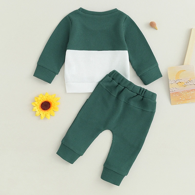 Blotona Baby Boy Clothes Fall Winter Waffle Knit Contrast Color Sweatshirt Tops Casual Pants Set Toddler 2Pcs Outfit