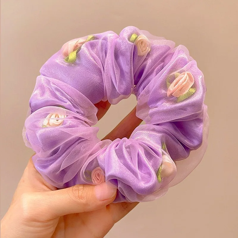 

French Romantic Rose Blossom Double Layer Hair Rope Hairbands For Girls Mesh Large Intestine Hair Ties Rope Women Hairs Ornament