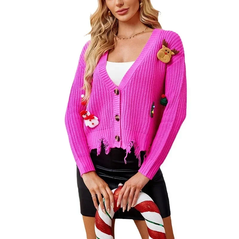 Solid Color V-neck Christmas Decoration Cardigan Sweater, Women's New Single-breasted Raggedy Knit Cardigan,  Christmas Sweater