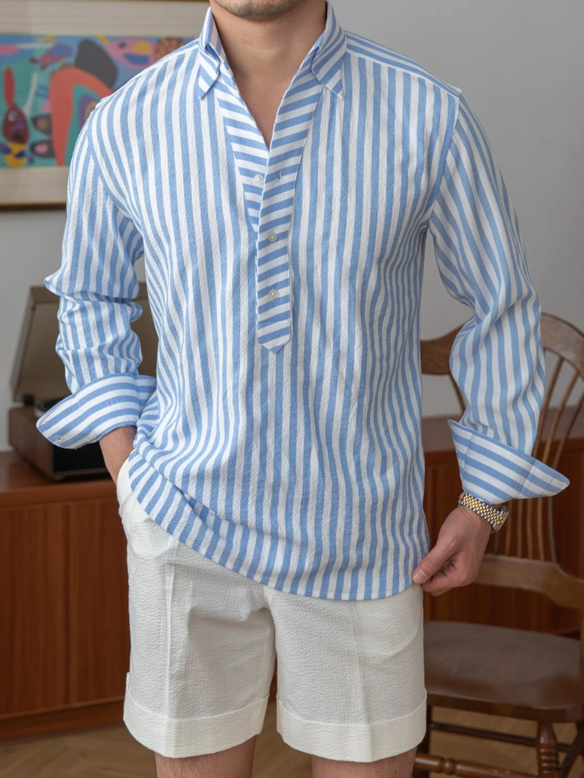 High-End Italian Summer Lightweight Breathable Seersucker Long-Sleeved Shirt Versatile Leisure Vacation Striped Shirt Trendy Men