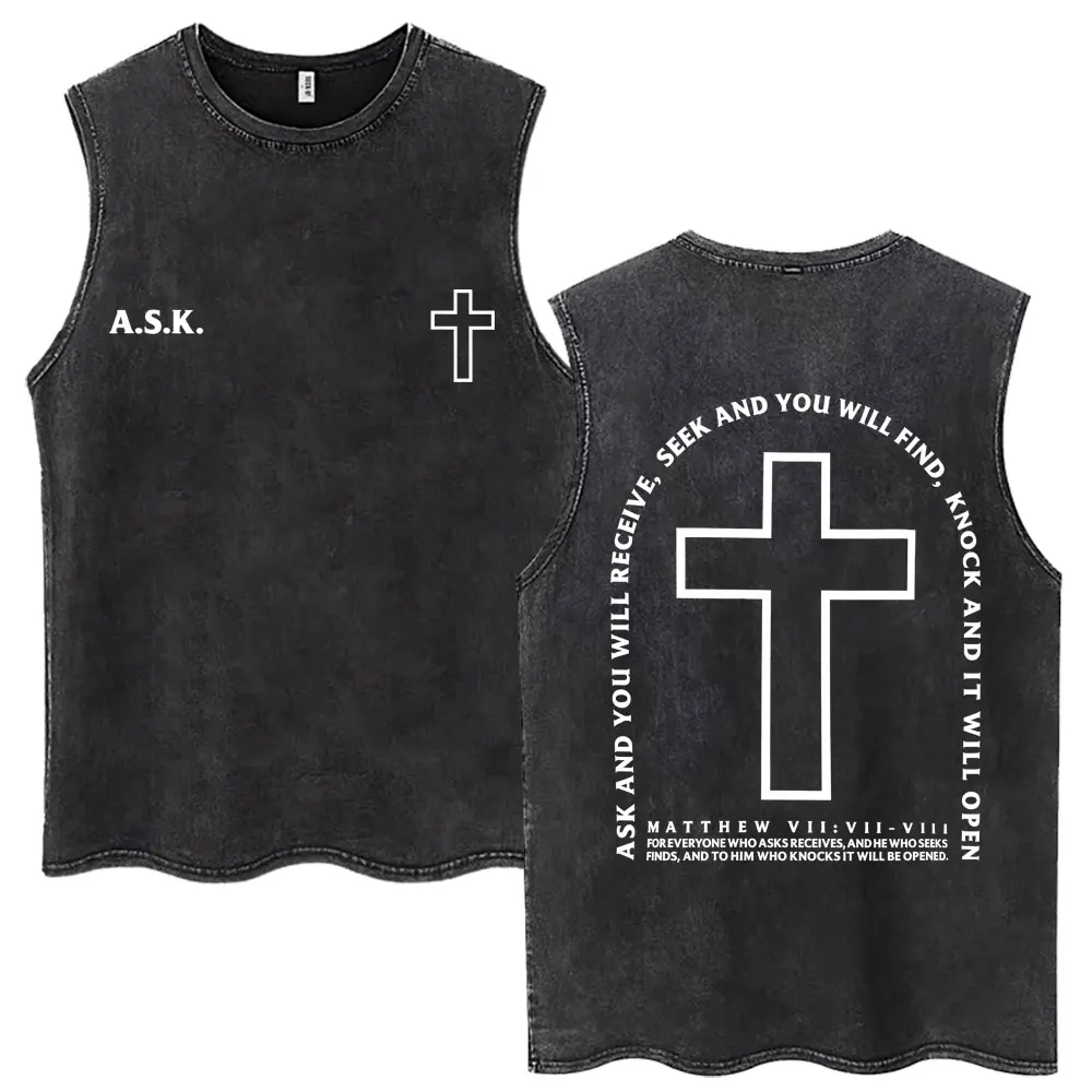 Christian Religious Jesus Ask Seek Knock Washed Tank Tops Faith Bible Verse Men's Vintage Vests Loose Cotton Sleeveless T-shirts