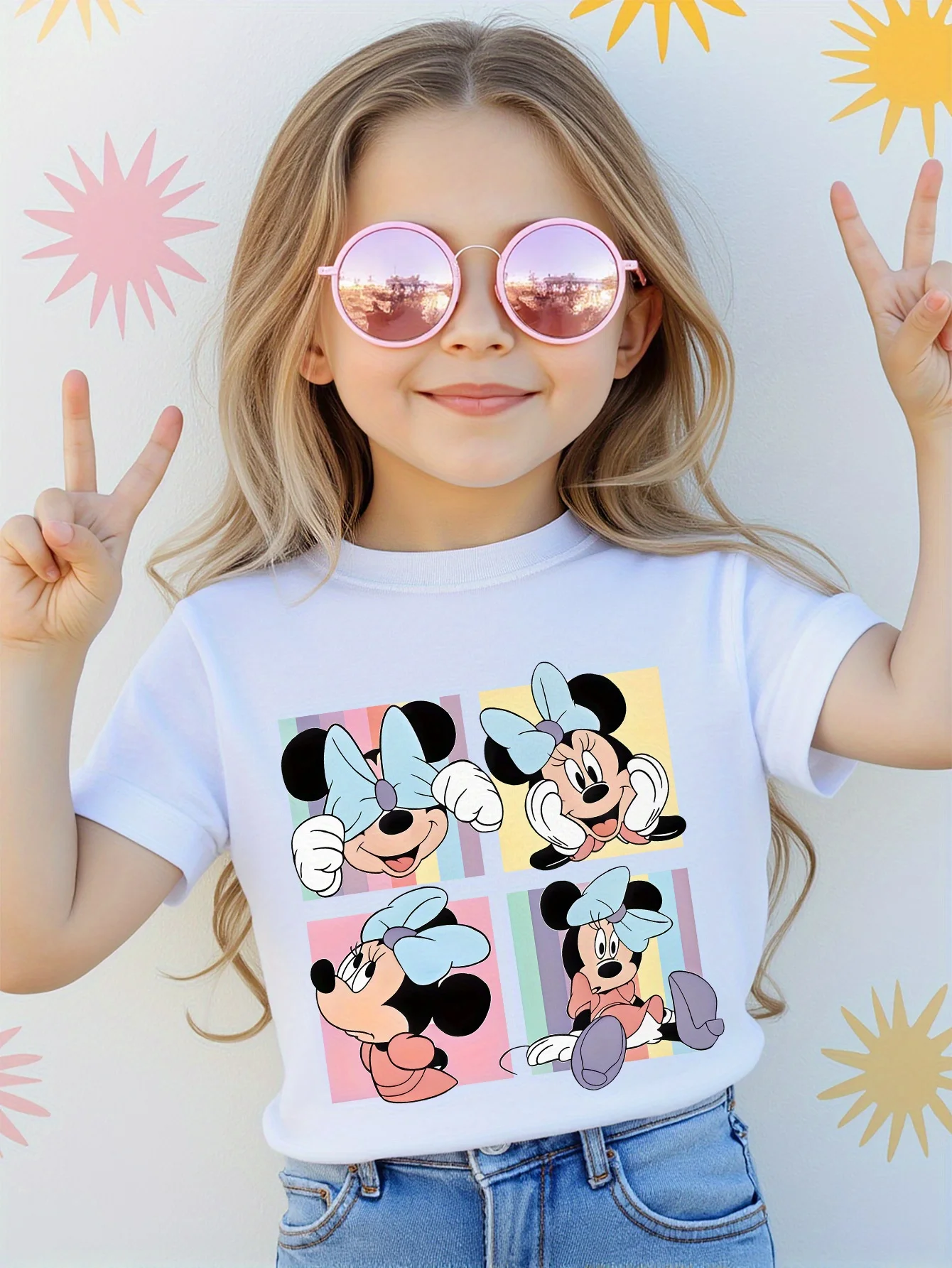 

Disney Minnie Mouse Print Girl T-Shirt Short Sleeve Cotton Tees Cartoon Disney Y2k Tops Boys and Girls T-shirt Children Clothes