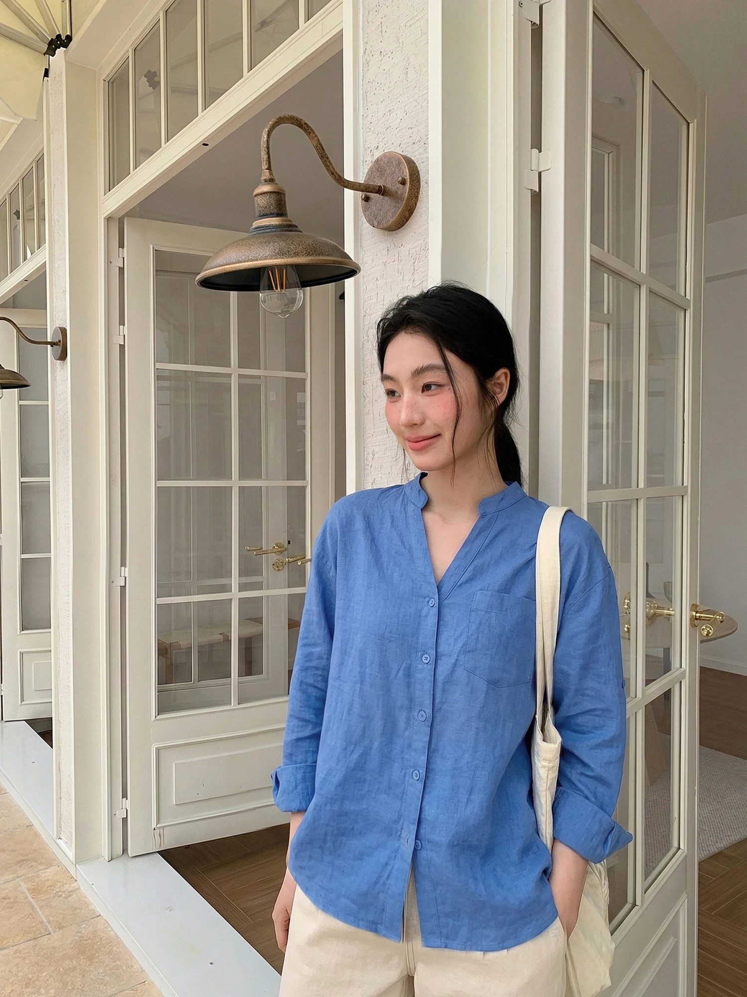 

Creamsu V-Neck Loose Women's Shirt Summer Casual Versatile Commute Style Breathable Thin Korean Fashion Long Sleeve Button up