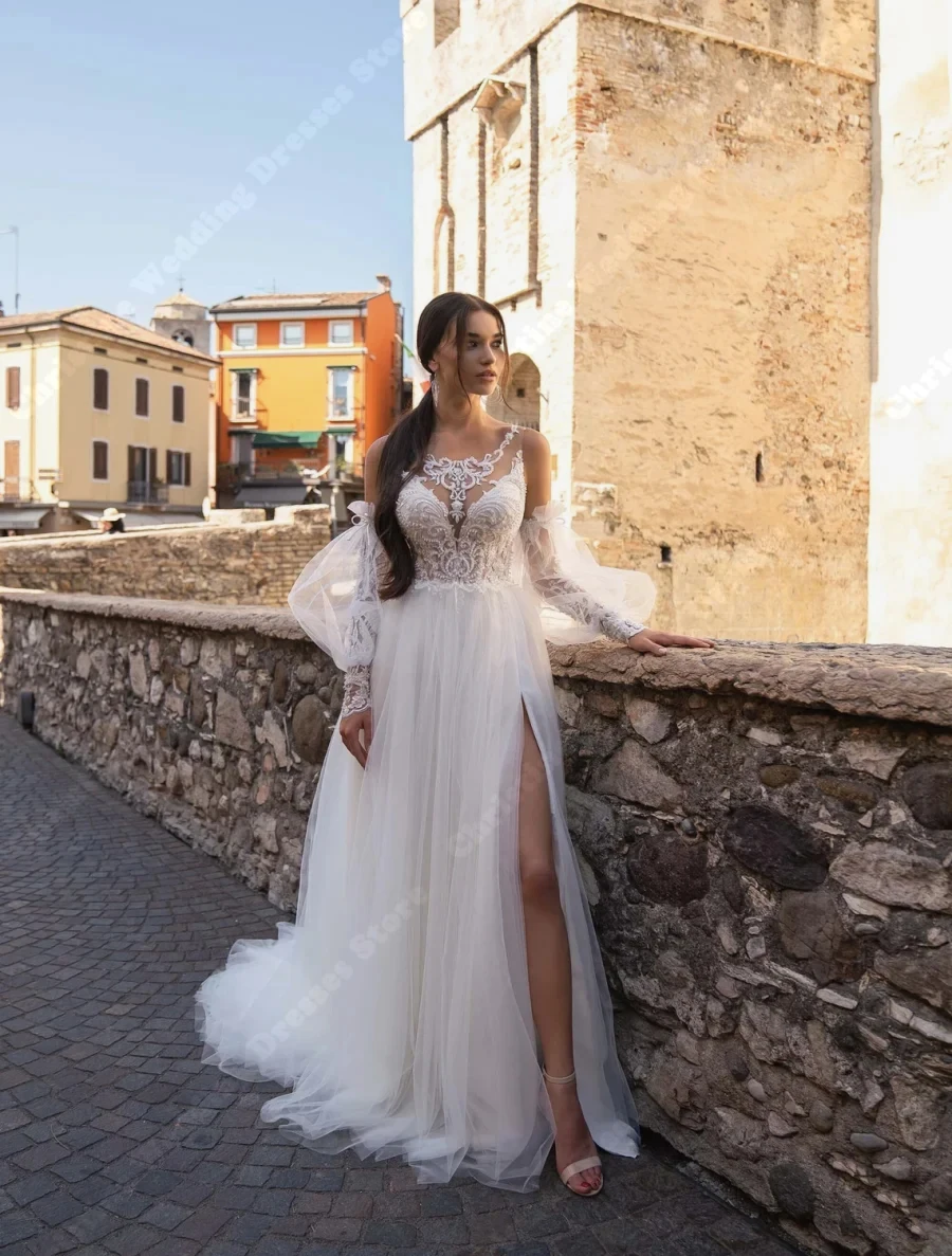 

Glitte Lace Decal Wedding Dresses For Women Off The Shoulder A-Line Bridal Gowns Engagement Banquet Vestidos De Novia Customized