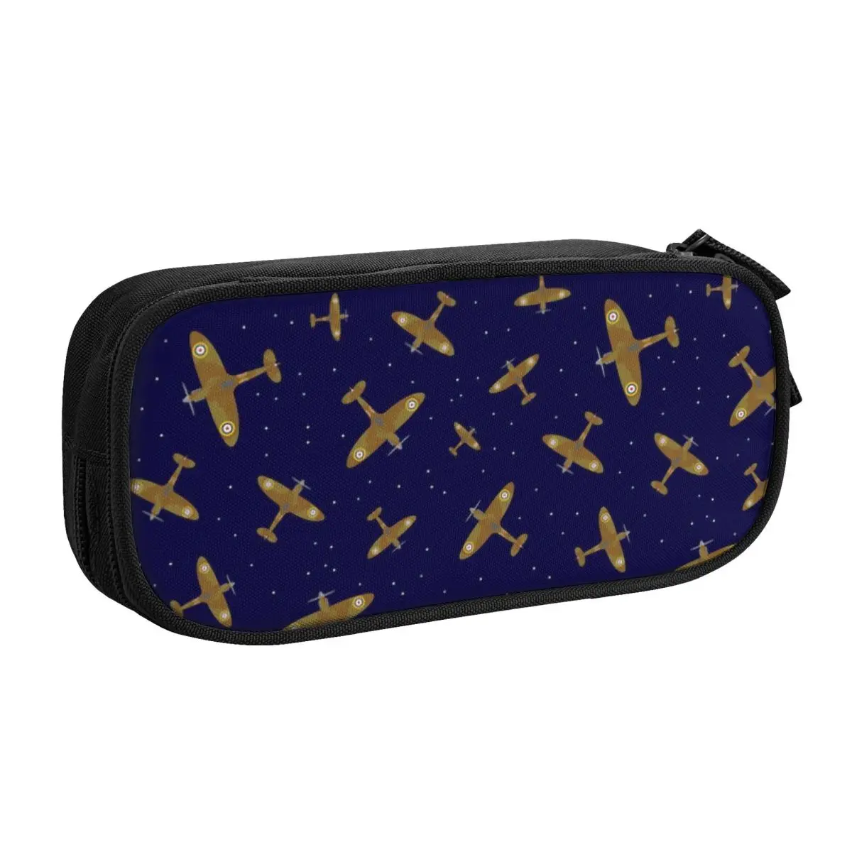 Custom Spitfire War Planes In Flight On Navy Blue Korean Pencil Case Large Capacity Fighter Pilot Pencil Box Students Stationery