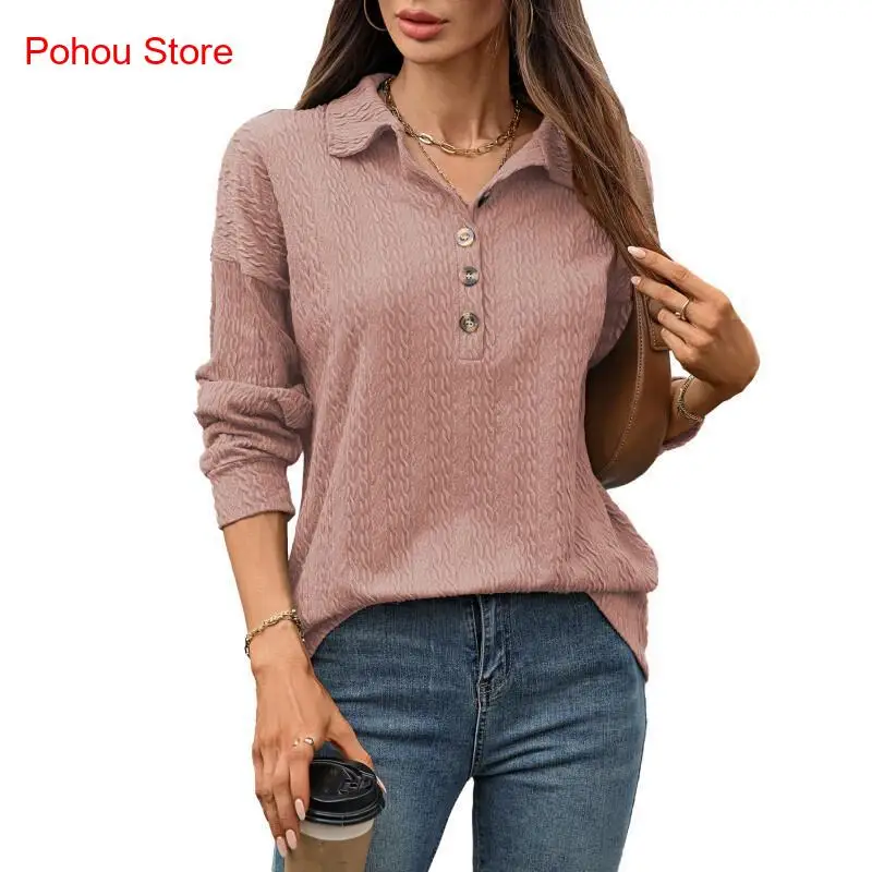 Autumn and Winter New Lapel Button Loose Long Sleeved Hoodie Tops for Women