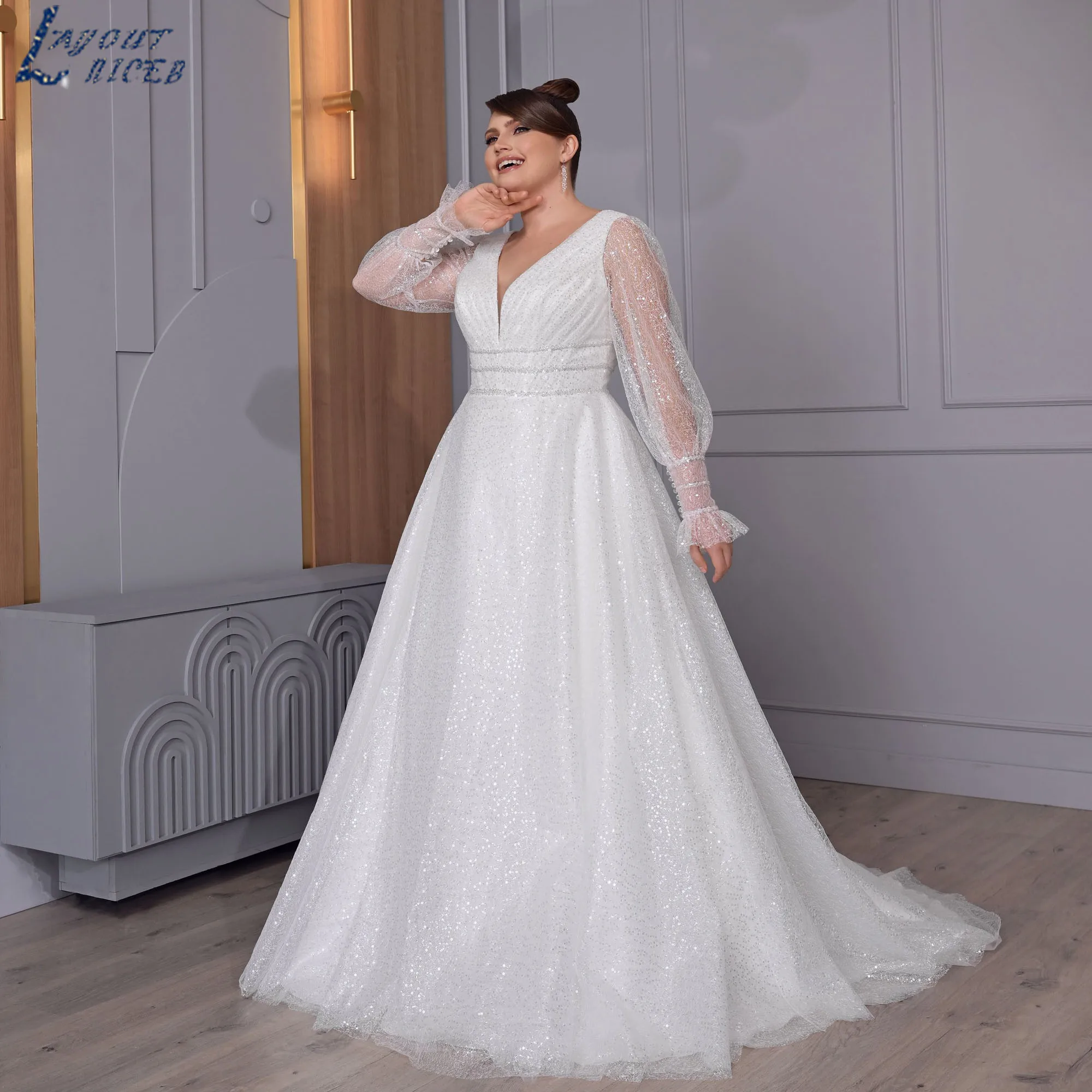 

LAYOUT NICEB Large Size Wedding Gowns A-Line Long Sleeve Sparkly Tulle Bride Dresses V-Neck Sequined vestido de novia Customized