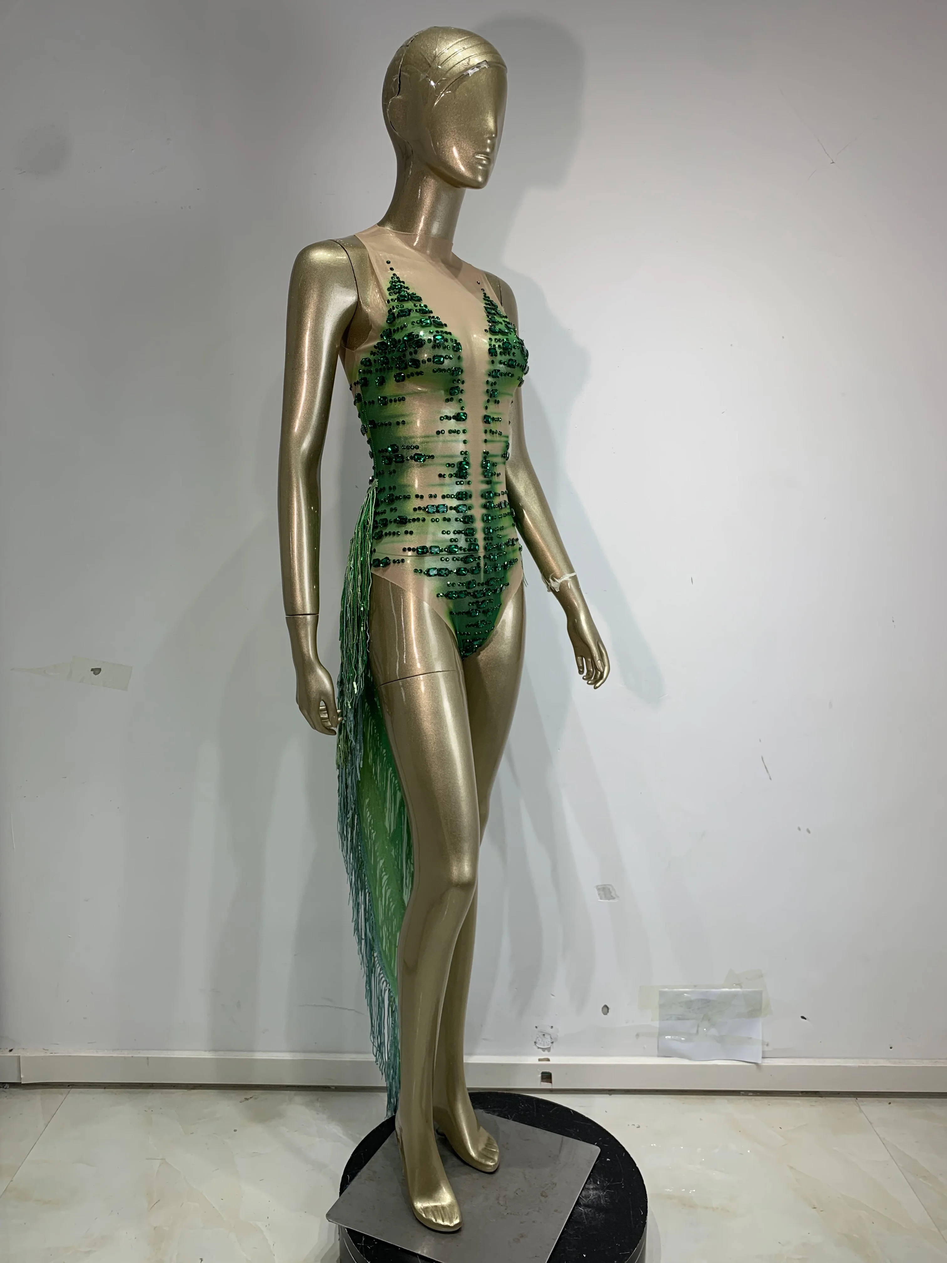 Shining Green Diamond Tassel Bodysuits Sexy Sheer Transparent Nightclub Evening Party Singer Dancer Stage Performance Outfitr