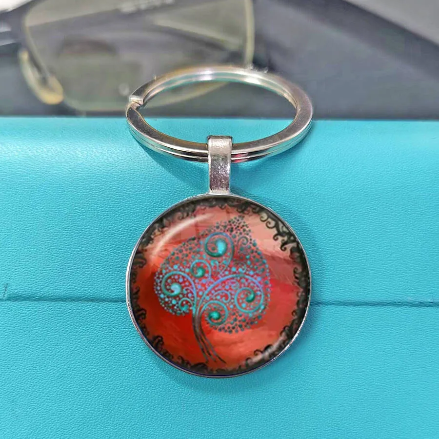 Popular Blue Background Elvish Ring Inscription Tree of Life Convex Glass Dome Key Ring Tolkien Fantasy Backpack Ornament