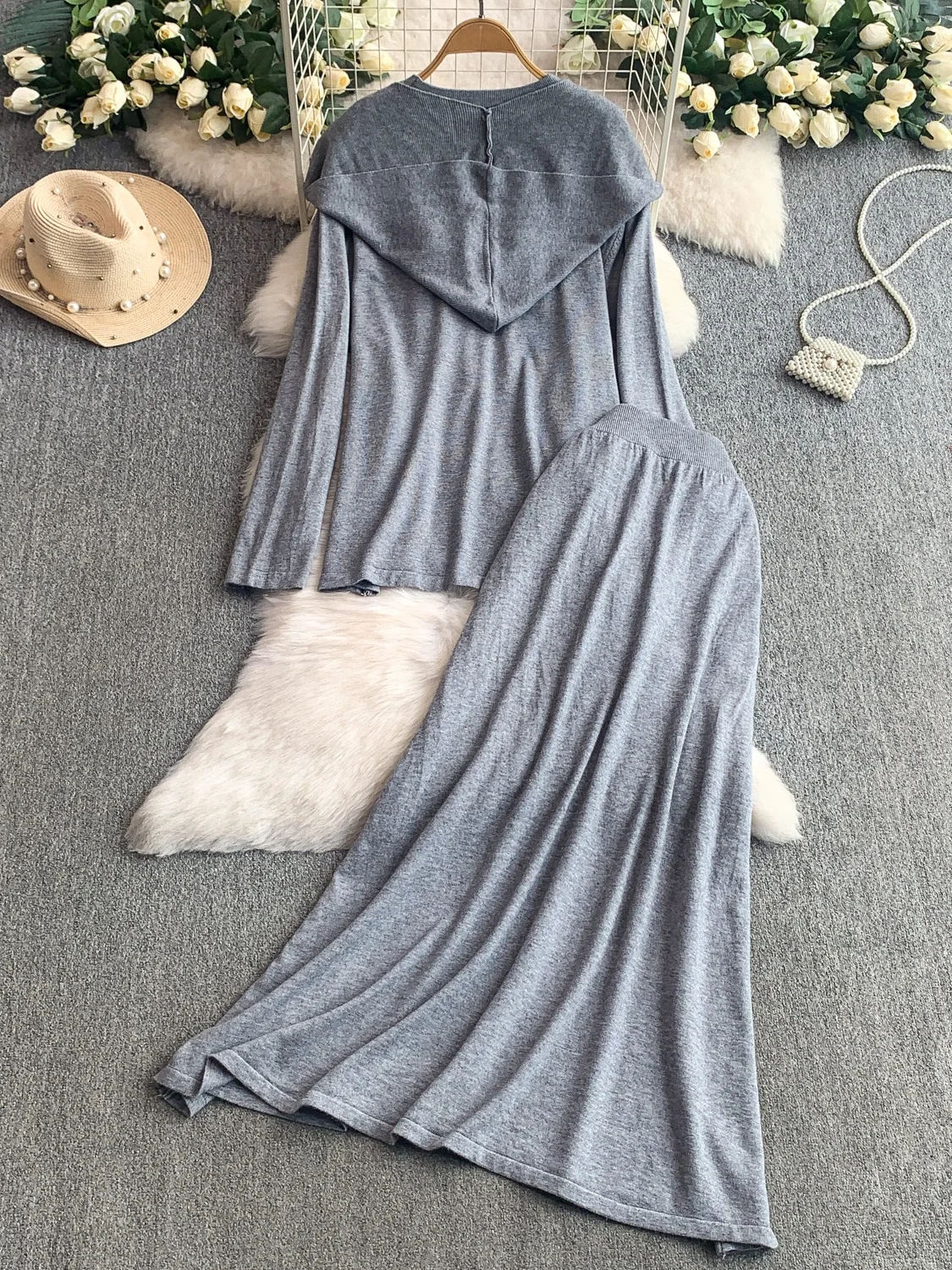 ay Semplice punteruolo con cappuccio rotondo Ne Long Sve Top lavorato a maglia Gonna a vita alta Set completo dimagrante per donna