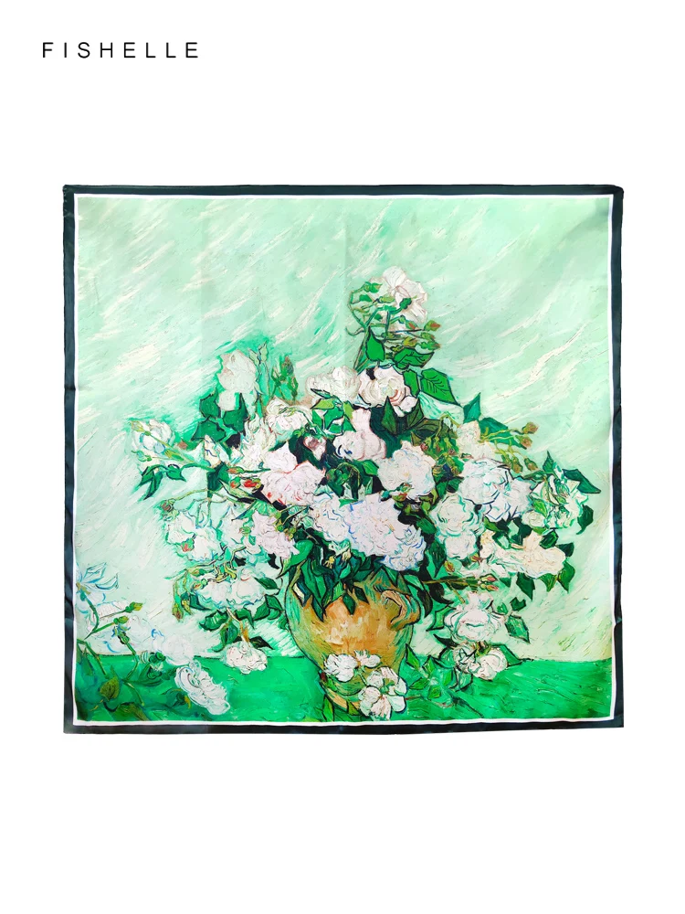 Green oil painting with white roses printed natural silk scarves women big square bandana spring autumn hijab real silk shawl