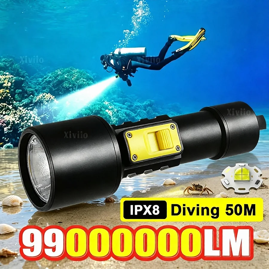 99000000LM Super Bright XHP70 Diving Flashlight IPX8 Waterproof 50M Underwater Scuba Dive Torch Strong Light Underwater Lantern