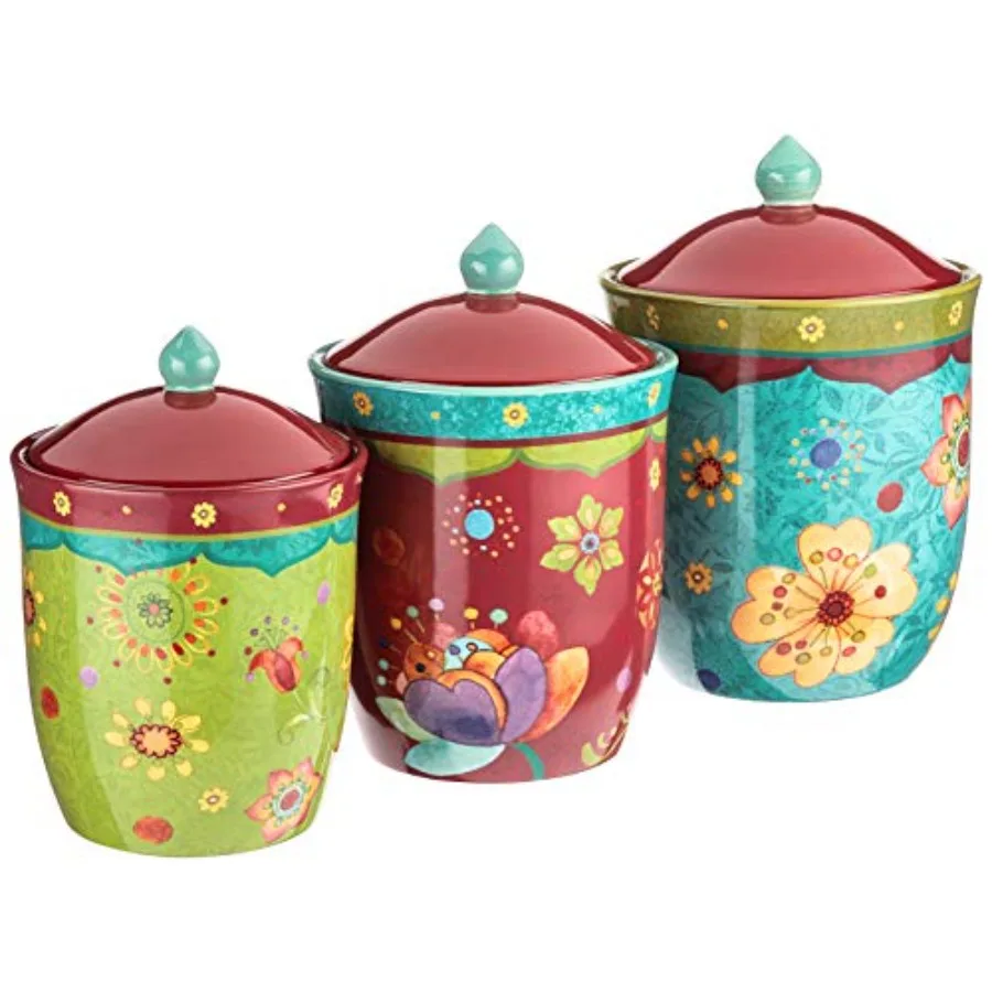 

Tunisian Sunset 3-Piece Ceramic Canister Set Colorful Floral Kitchen Storage Jars with Lids Includes 104 oz. 72 oz. and 54 oz.