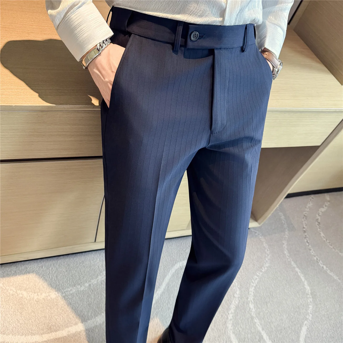 

Autumn Winter Elastic Waistband Striped Suit Pants for Men's Business Casual Pant Wedding Party Office Social Trousers 28-38