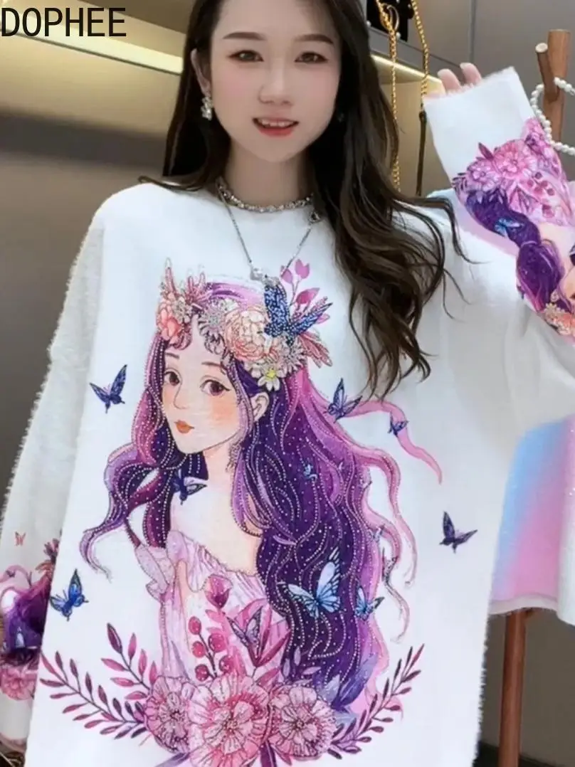 Large Size Autumn Winter Women Knitted Shirts Trendy Printing Diamonds Round Neck Pullover Top All-match Basic Knitting Sweaters