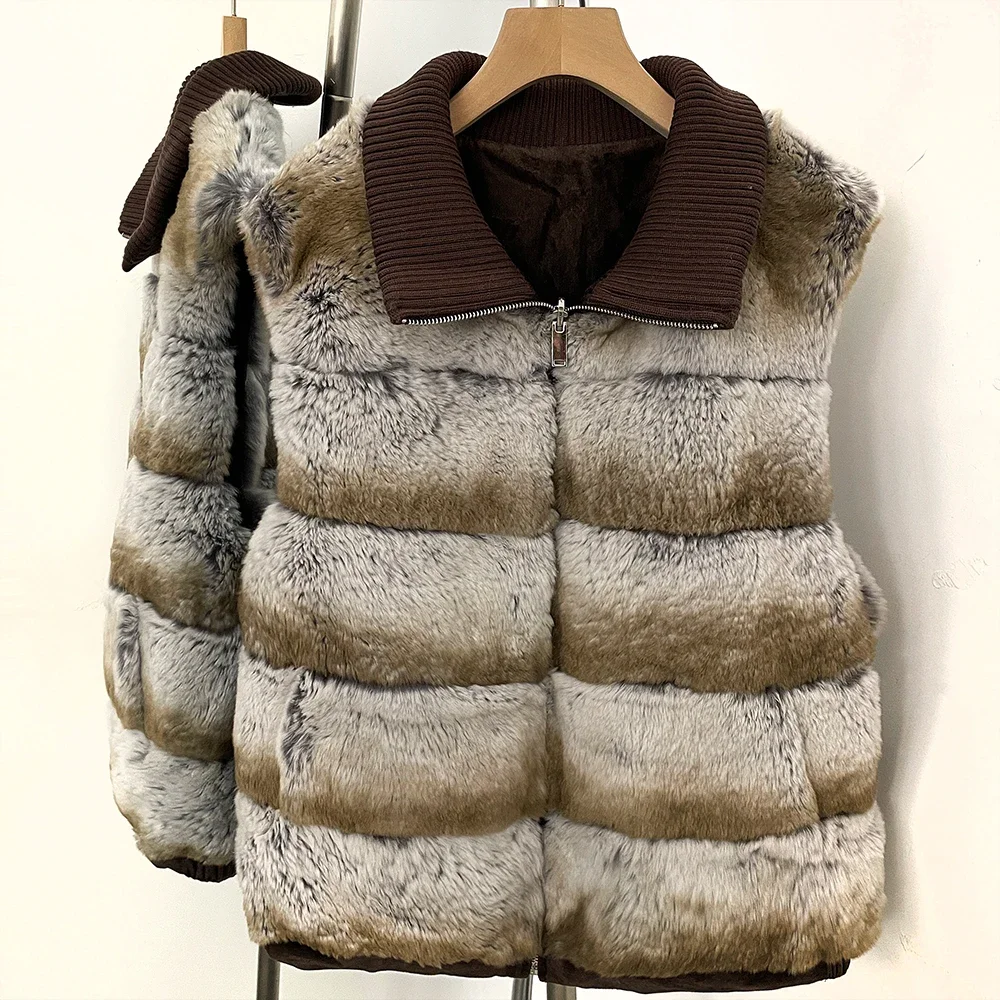 OFTBUY Strickkragen, Reißverschluss, beidseitig tragbar, Pelzweste für Damen, wendbar, aus echtem Kaninchenfell, neue Winterpelzbekleidung für Frauen – Detail 12