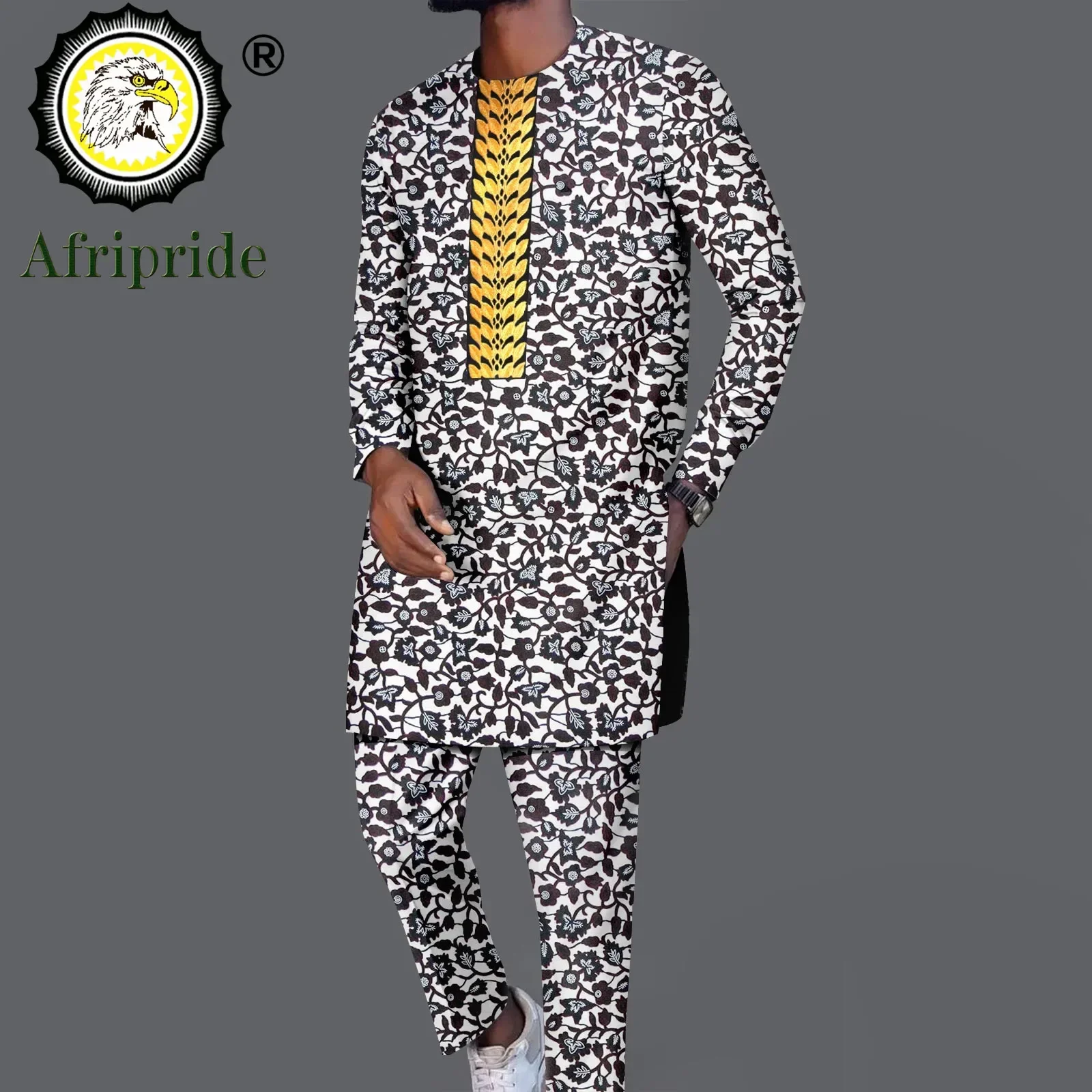 African Suits for Men Tracksuit Embroidery Long Sleeve Print Shirts and Pant 2 Piece Set Dashiki Outfits Plus Size A2316046