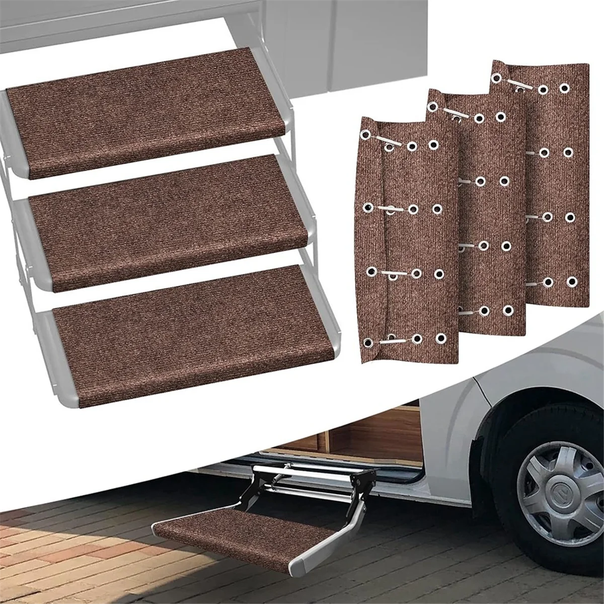 RV Step Covers 22In Wide RV Step Rug for 8-10In Deep Campers Step Cover RV Stair Covers/Wide Radius Steps Brown