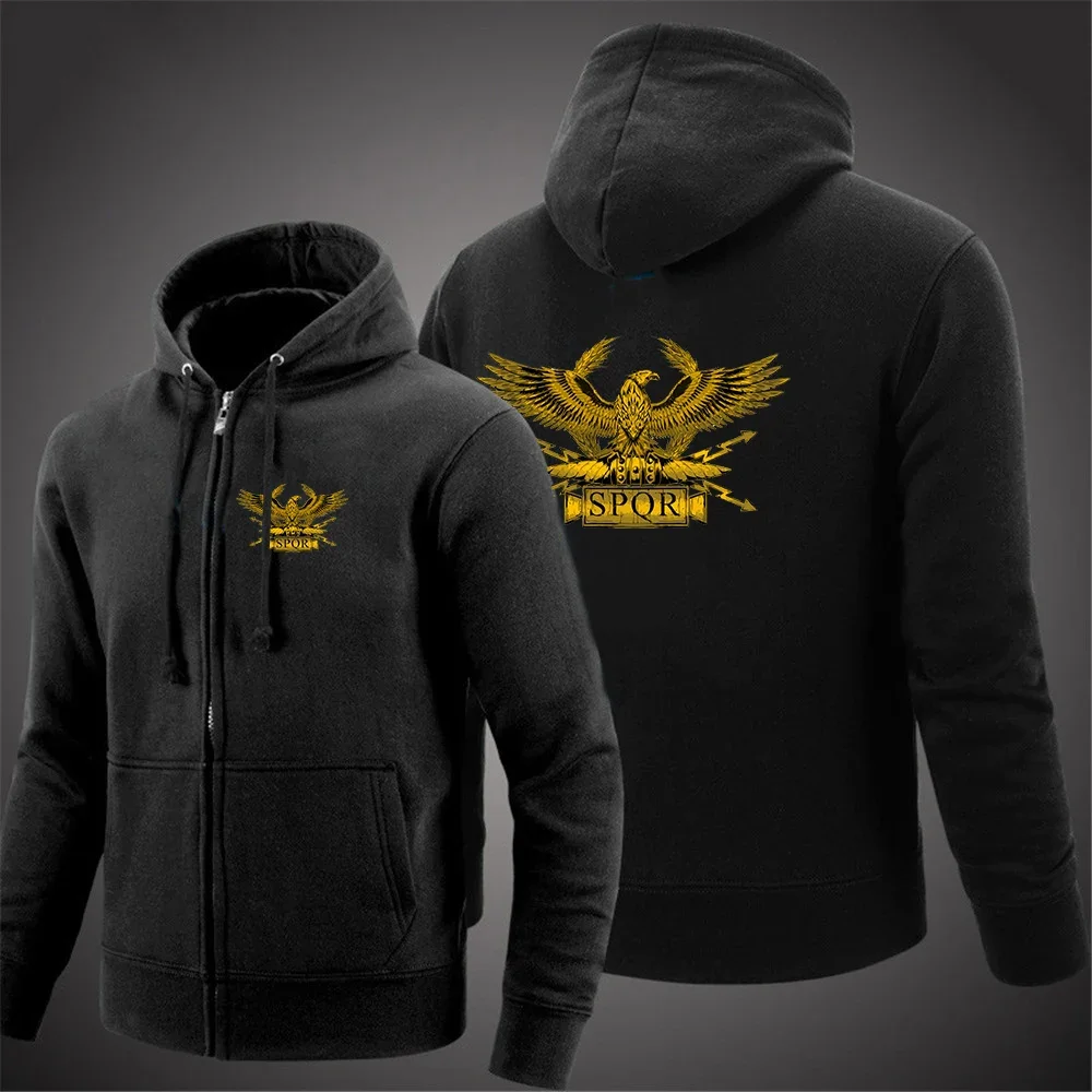 2024 Spring Autumn Men's SPQR Roman Gladiator Imperial Golden Eagle Logo Print Popular Solid Color Zipper Cotton Hooded Hoodies