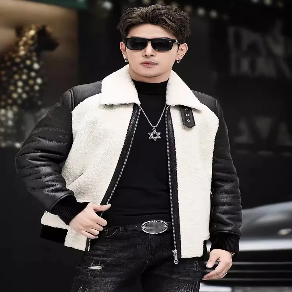 Quality Top Men Winter Genuine Leather Real Bomber Jacket Business Casual Slim Fit Spliced Sheep Fur Coat Shearling Overcoat