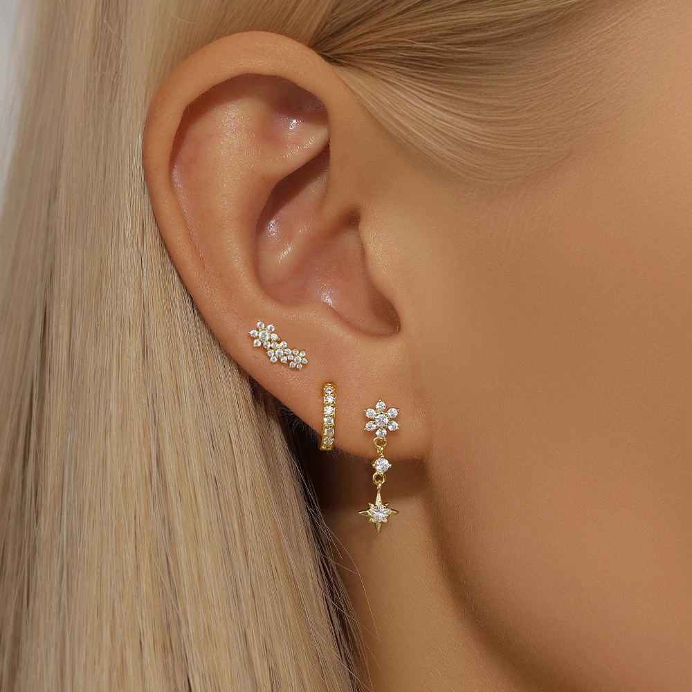 CANNER 1 Set Love Circle Zircon Octagonal Star Earrings Set For Women 925 Sterling Silver Ins Classic Geometric Earrings Gift