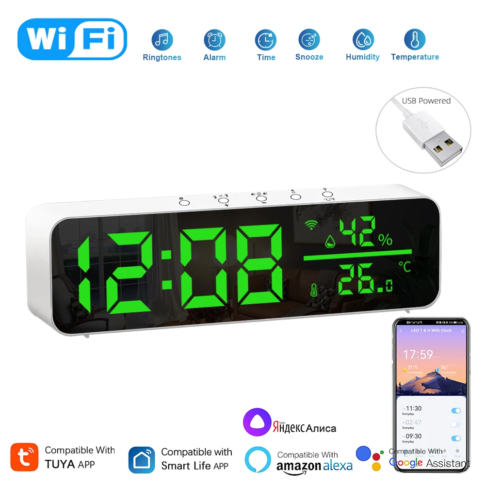 

Tuya WiFi Smart Temperature Humidity Sensor Alarm Clock with Speaker Big LED Screen Support Alexa Google Assistant Smartlife APP