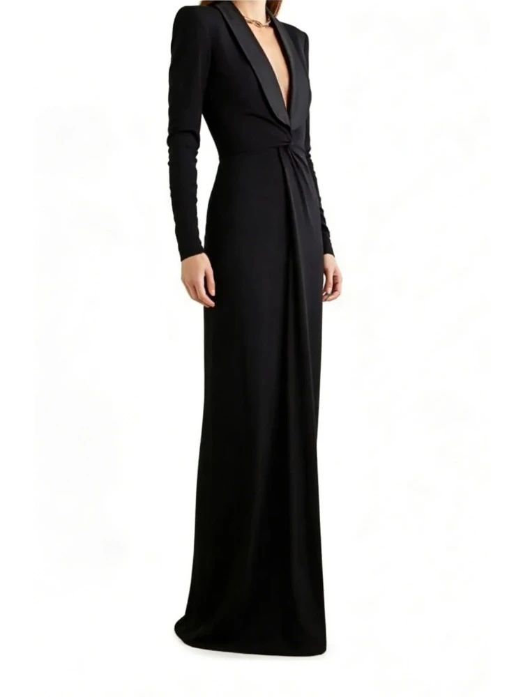 2026 Krisstargirls Black Deep V Long Dress Slim Fit High-End Long Sleeve Formal Wedding Guest Evening Gown