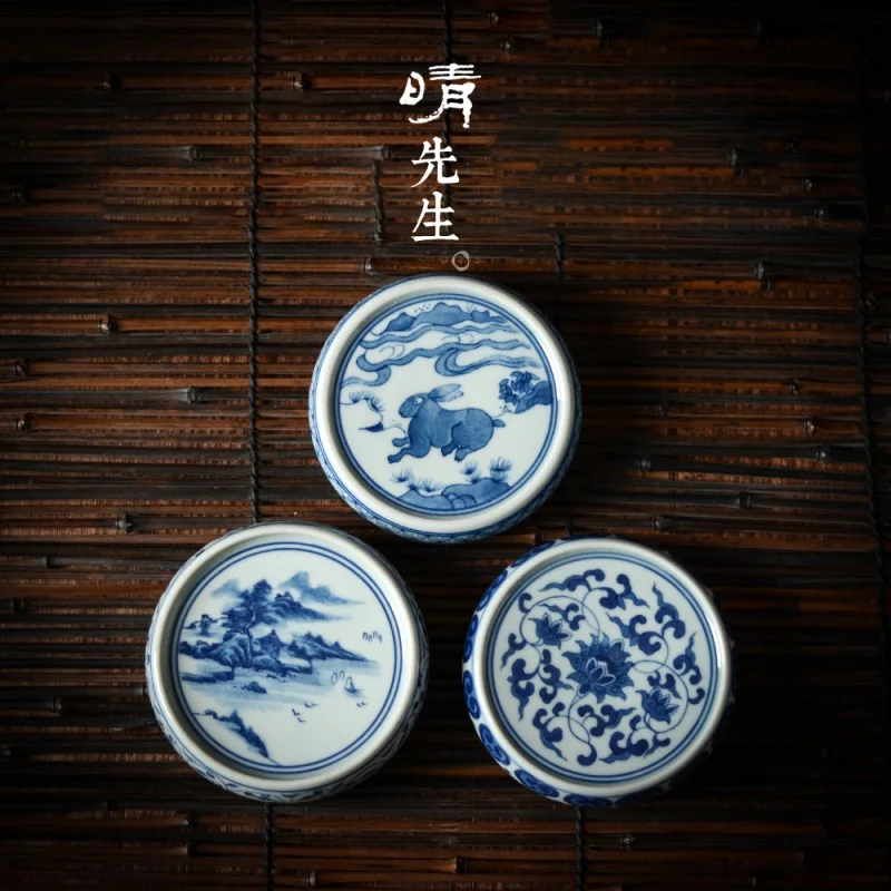 ★Antique Ceramic Cover Set Hand Painted Blue and White Turquoise Landscape Cover Holder Handmade Jingdezhen Kung Fu Tea Utensils