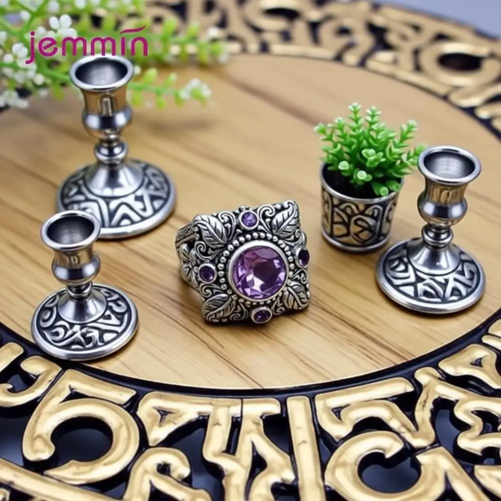 Punk Style Vintage 100% kwiat 925 srebro okrągły naturalny ametyst ślubne pierścionki zaręczynowe dla kobiet Fine Jewelry — zdjęcie 5