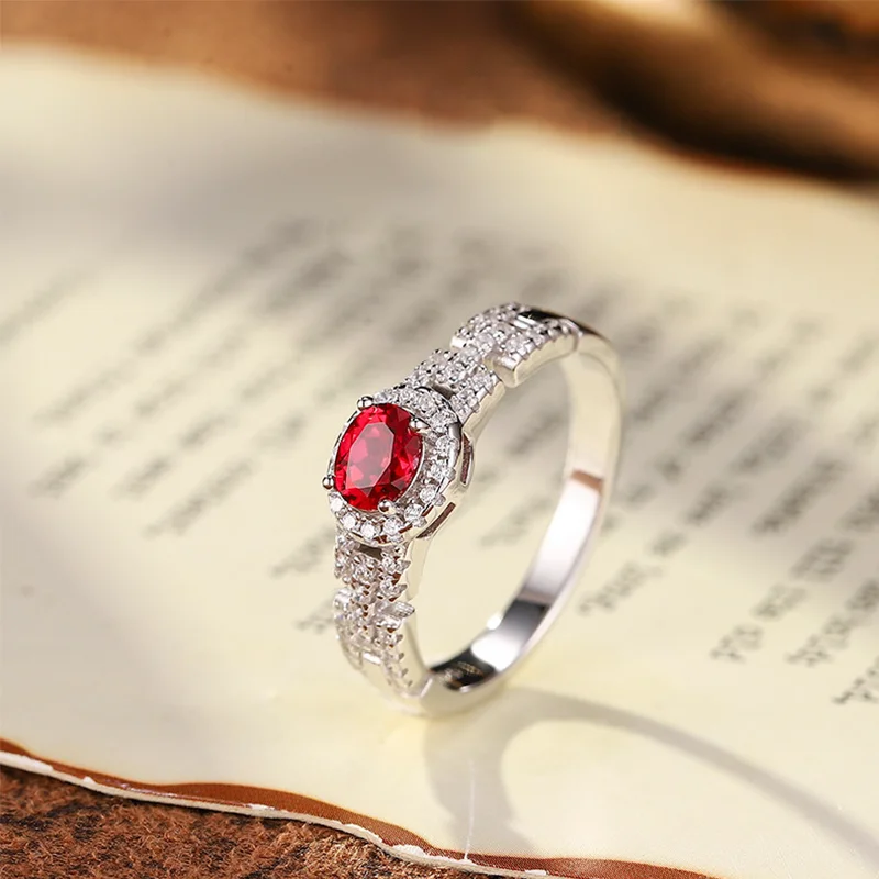 925 Silver Lab-Created Pigeon Blood Red Ruby Ring Simple Versatile Band Design for Women