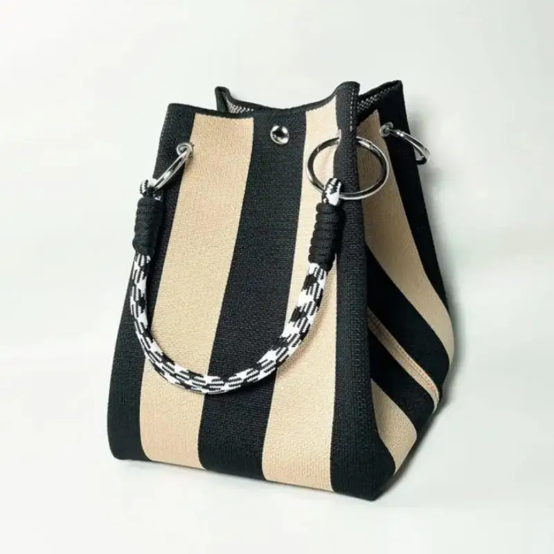 Women Striped Knit Bucket Handbag Casual Rope Handle Tote Bag Multi Use Shoulder Purse for Work Travel Weekend Daily Bohemian