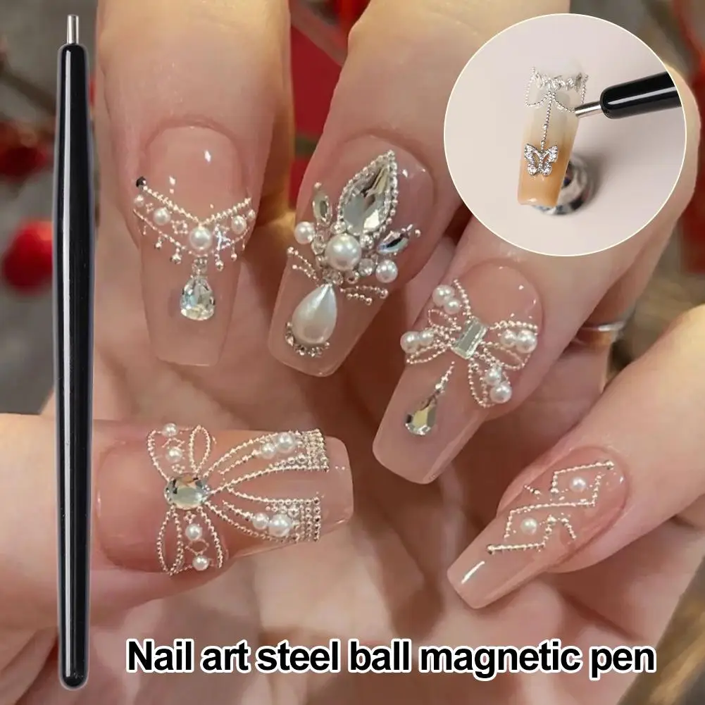 Bolígrafo magnético de bola de acero para decoración de uñas, imán fuerte profesional, cuentas de uñas doradas y plateadas, recogedor de bolas de acero, herramienta de esmalte de Gel para ojos de gato