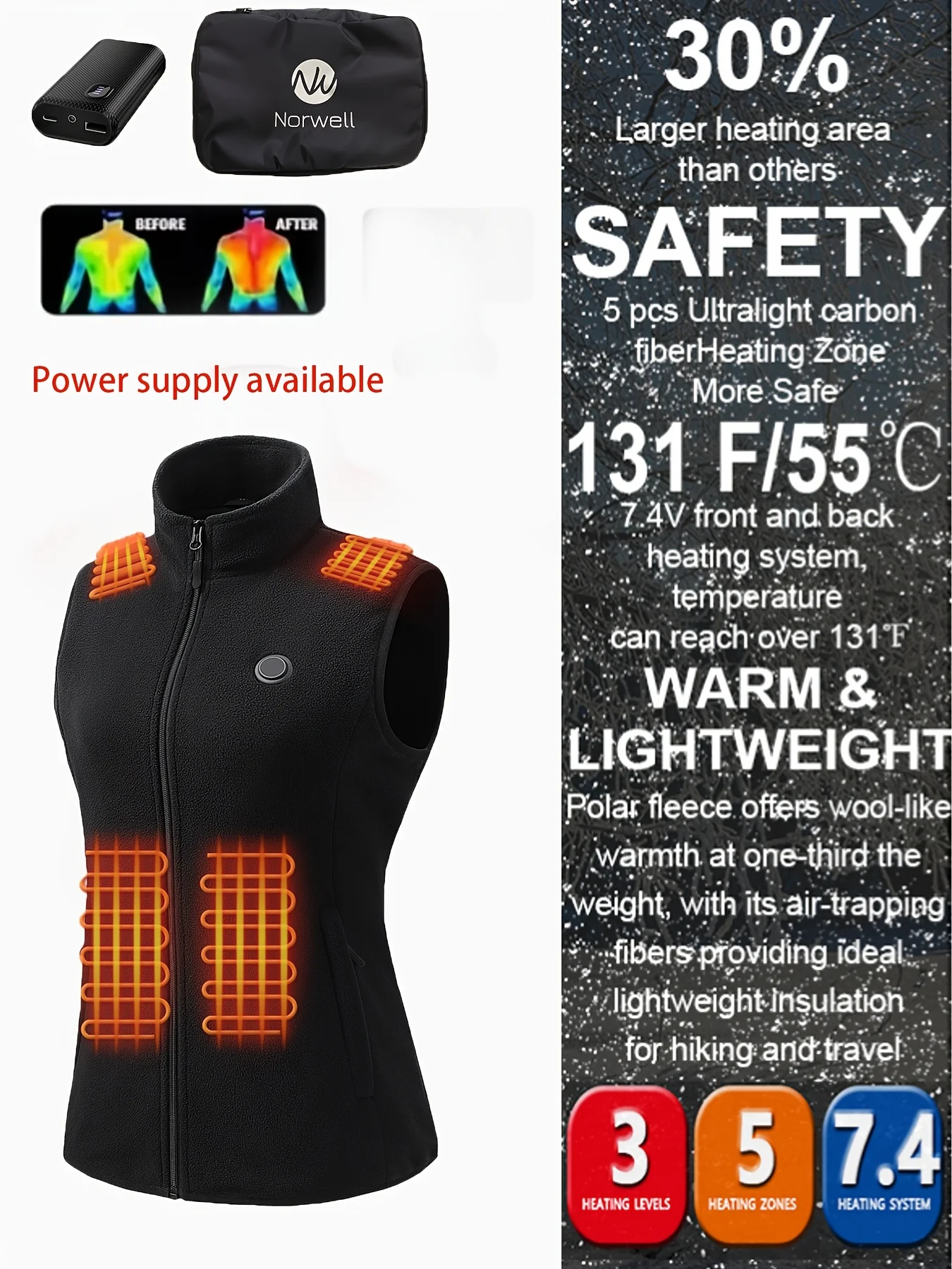

Lady's warm fleece vest, powered by 7.4V battery, is quick to heat up. It is a perfect choice for outdoor sports and leisure wea