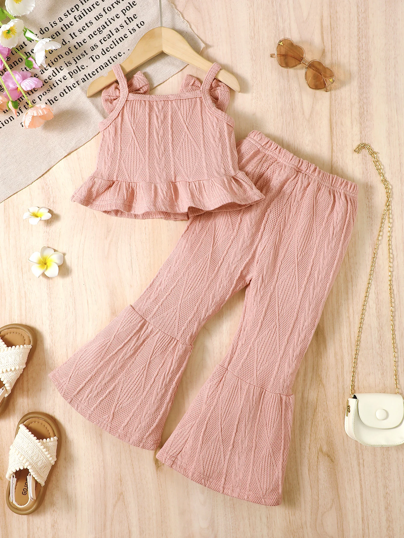 2-Piece Set, Fashionable and Versatile Sleeveless Halter Top with Bow and Button Closure for Toddler Girls + Solid Color Flared Long Pants, Elegant Spring/Summer Two-Piece Set for Girls