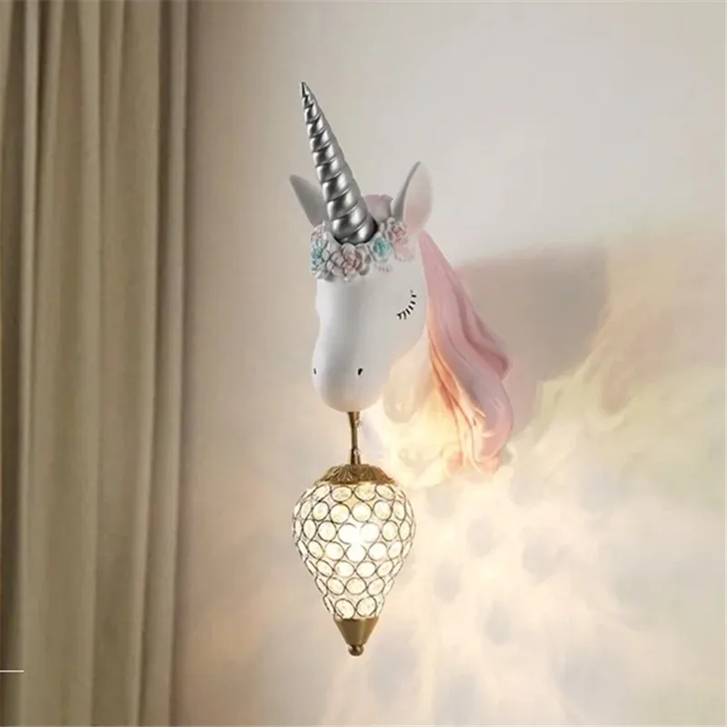 Cartoon unicorn Wall Light Crystal Girls Wall Lamp for  loft beside Interior Light Living Room Bedroom Decor Resin Wall Lamp