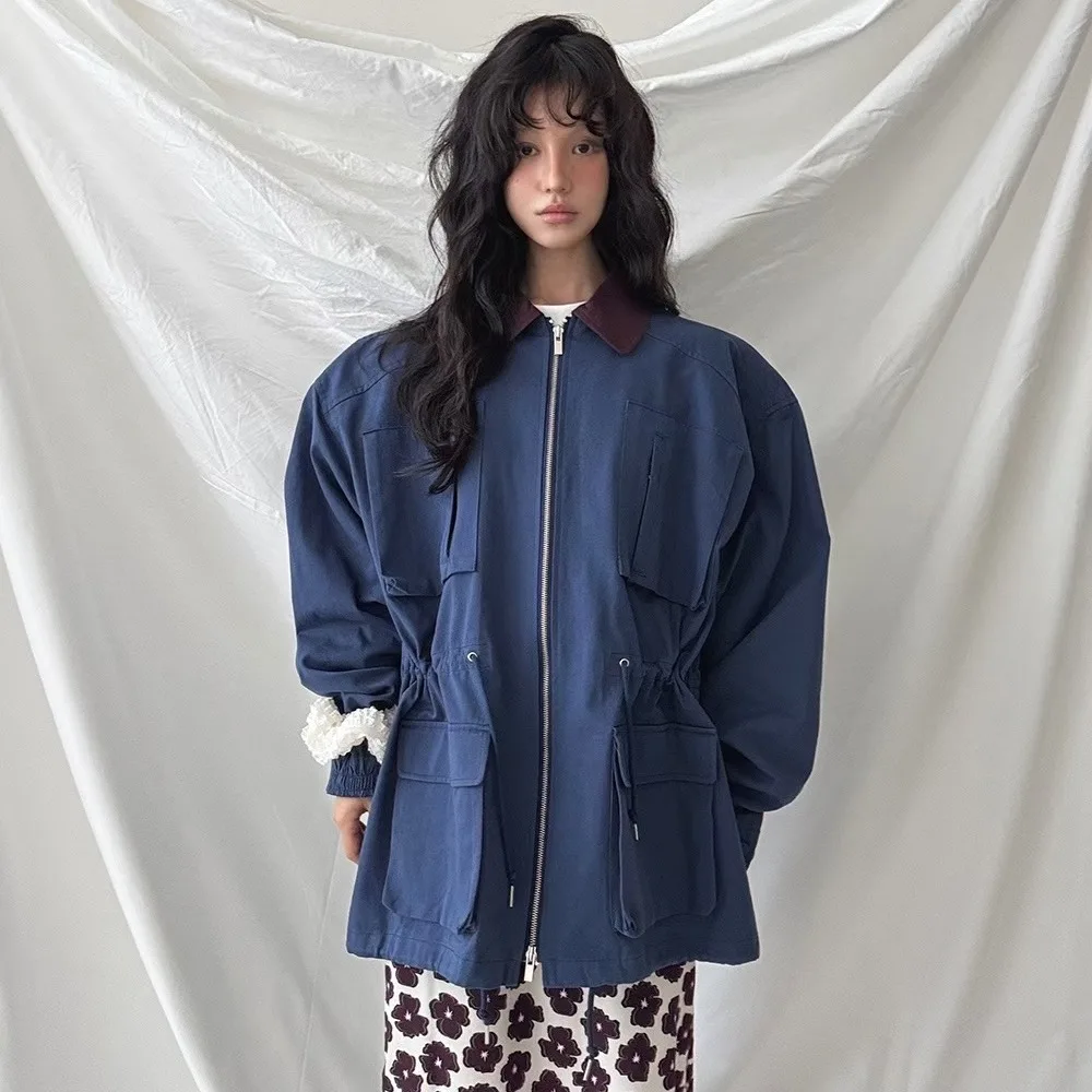 

Женская куртка большого размера в стиле ретро, весенне-осенняя повседневная рабочая одежда на молнии, ветровка, модное пальто с лацканами