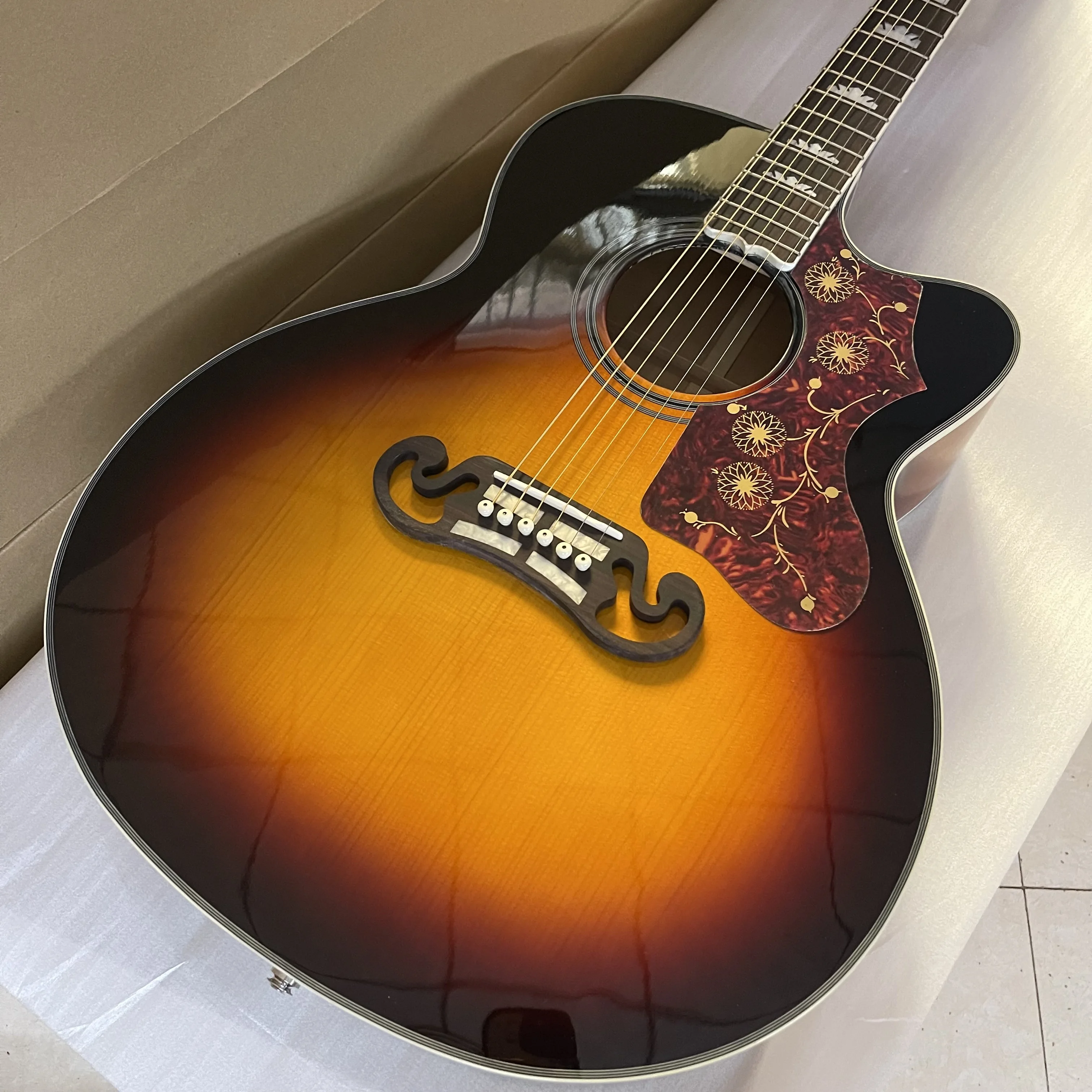 New 43# SJ200 Acoustic Electric Guitar Jumbo Body Cutway Solid Wood Bone Nut/Saddle Abalone Inlay In Sunset J200