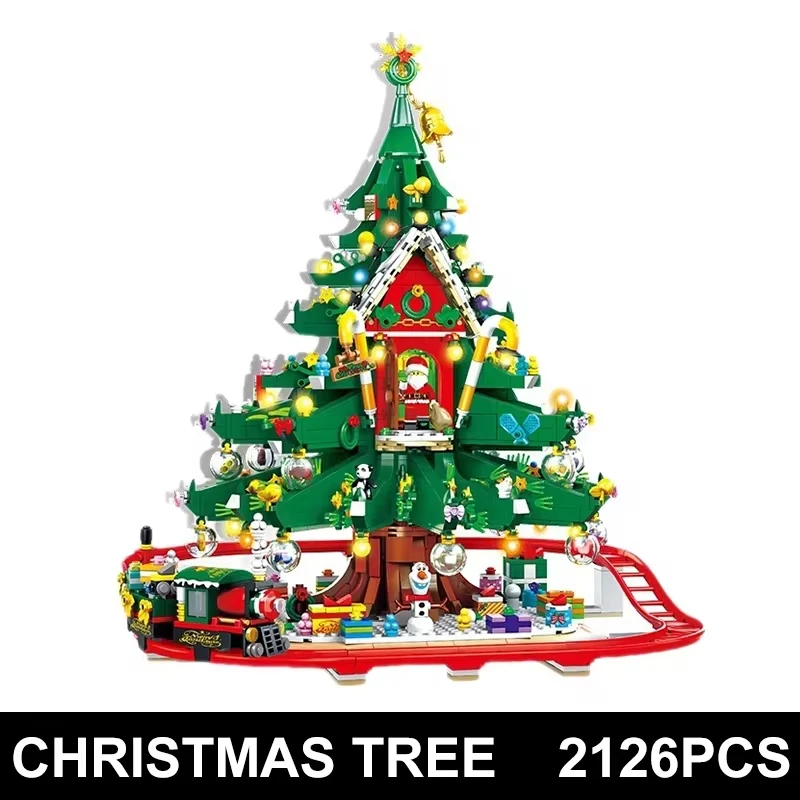 2025Large Christmas Tree House Building Blocks Street View Model Bricks,With LED Lights Train Assembly Building Blocks Toy Gifts